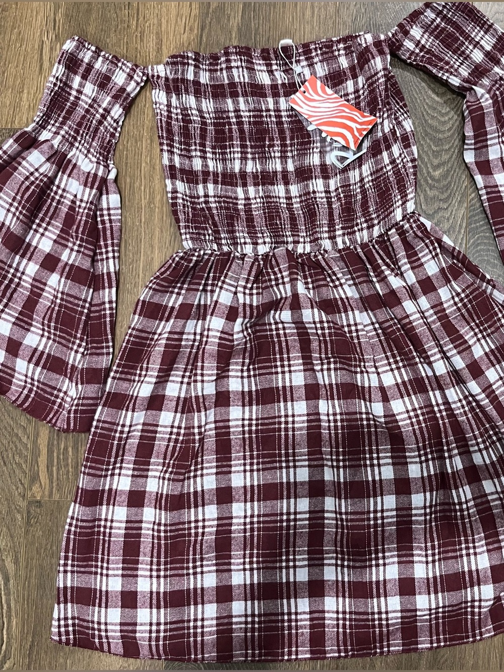 Ladies Burgundy Plaid Off-Shoulder Dress